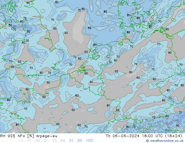 Humedad rel. 925hPa Arpege-eu jue 06.06.2024 18 UTC