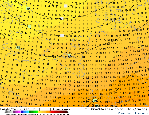 Geop./Temp. 925 hPa Arpege-eu sáb 08.06.2024 06 UTC