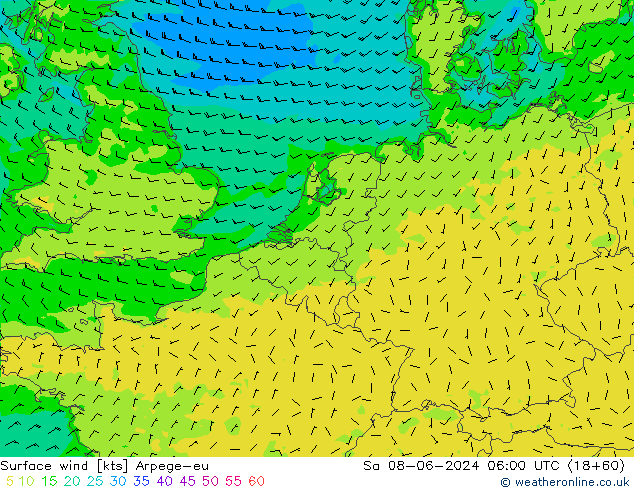 Vento 10 m Arpege-eu sab 08.06.2024 06 UTC