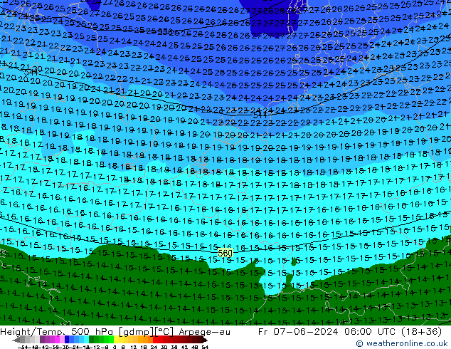 Height/Temp. 500 гПа Arpege-eu пт 07.06.2024 06 UTC