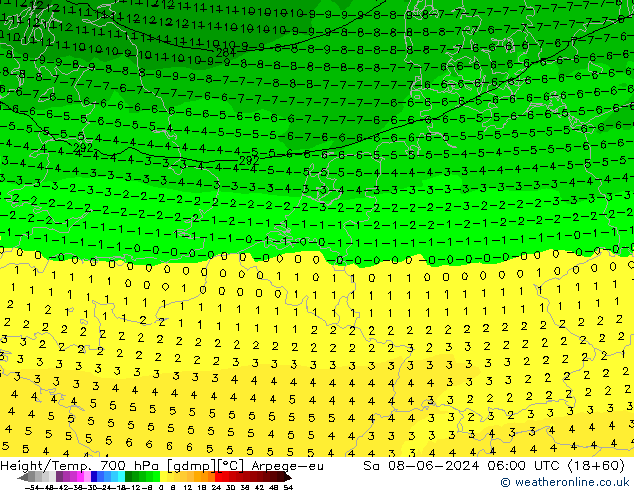 Height/Temp. 700 hPa Arpege-eu sab 08.06.2024 06 UTC