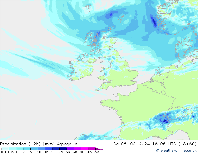 Precipitação (12h) Arpege-eu Sáb 08.06.2024 06 UTC