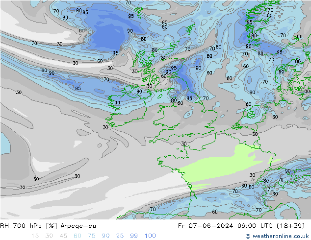 RH 700 гПа Arpege-eu пт 07.06.2024 09 UTC