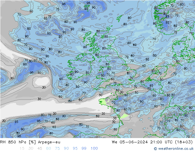 RH 850 hPa Arpege-eu śro. 05.06.2024 21 UTC