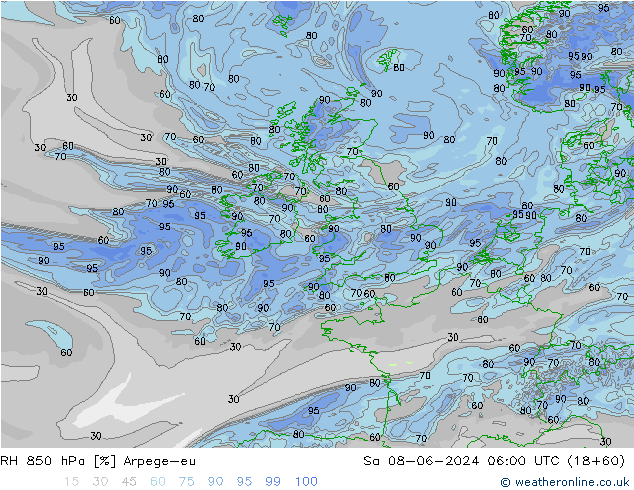 RH 850 hPa Arpege-eu So 08.06.2024 06 UTC