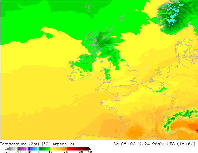 température (2m) Arpege-eu sam 08.06.2024 06 UTC