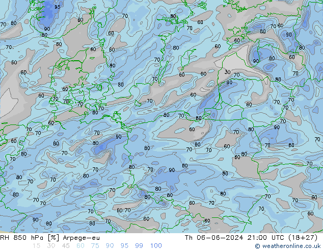 RH 850 hPa Arpege-eu Th 06.06.2024 21 UTC