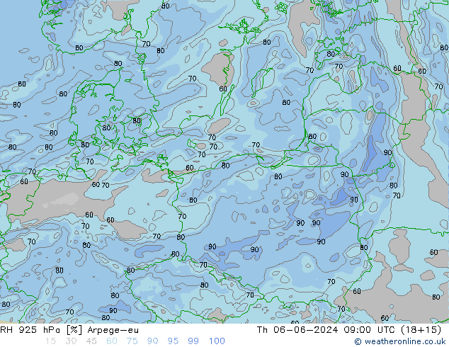 RH 925 hPa Arpege-eu czw. 06.06.2024 09 UTC