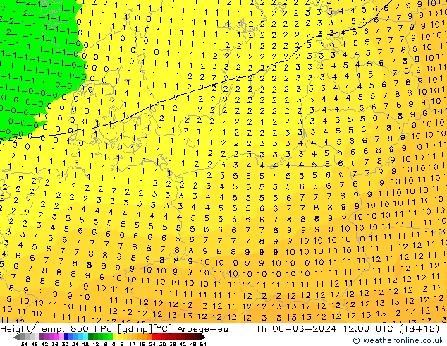 Geop./Temp. 850 hPa Arpege-eu jue 06.06.2024 12 UTC