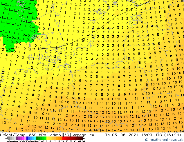 Hoogte/Temp. 850 hPa Arpege-eu do 06.06.2024 18 UTC