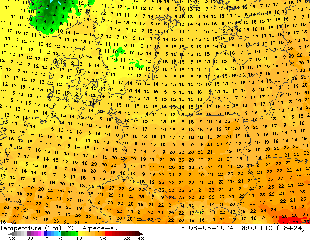 Temperature (2m) Arpege-eu Čt 06.06.2024 18 UTC