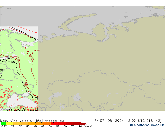 Max. wind velocity Arpege-eu Pá 07.06.2024 12 UTC