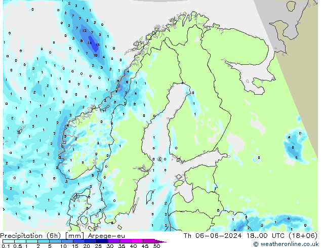Totale neerslag (6h) Arpege-eu do 06.06.2024 00 UTC