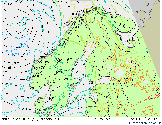 Theta-e 850hPa Arpege-eu Th 06.06.2024 12 UTC