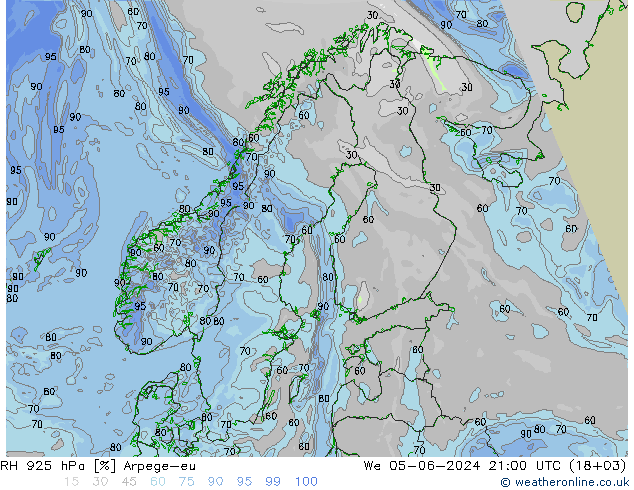 RH 925 hPa Arpege-eu 星期三 05.06.2024 21 UTC