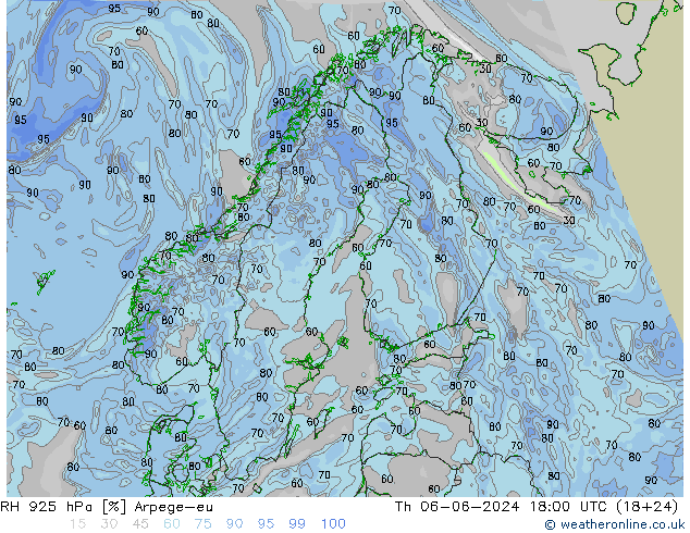 RH 925 hPa Arpege-eu Do 06.06.2024 18 UTC