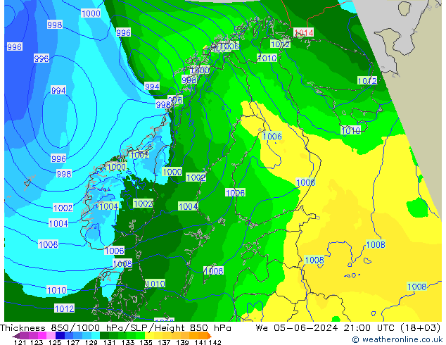 Espesor 850-1000 hPa Arpege-eu mié 05.06.2024 21 UTC