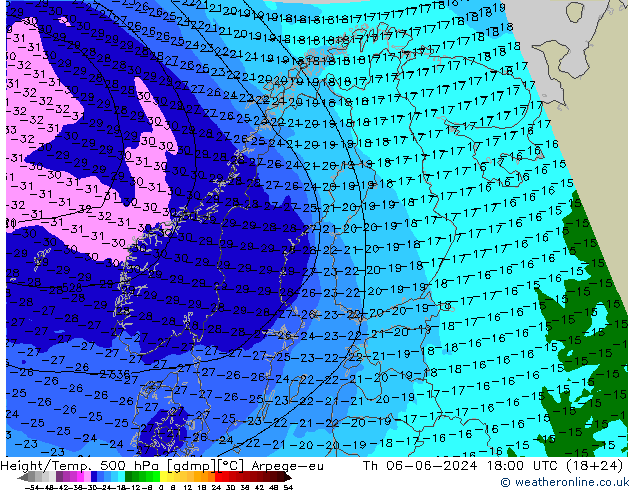 Height/Temp. 500 hPa Arpege-eu Čt 06.06.2024 18 UTC