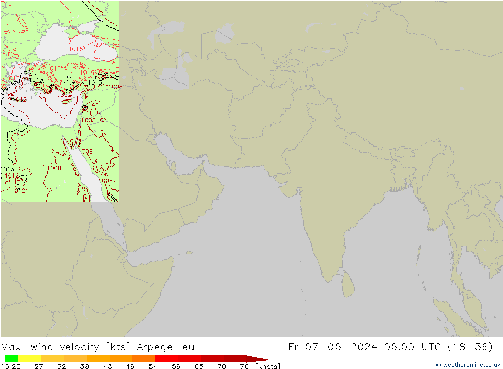 Max. wind velocity Arpege-eu пт 07.06.2024 06 UTC