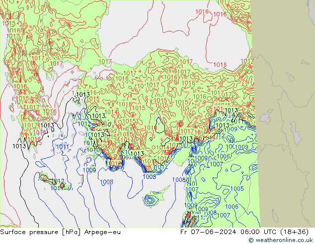 Atmosférický tlak Arpege-eu Pá 07.06.2024 06 UTC