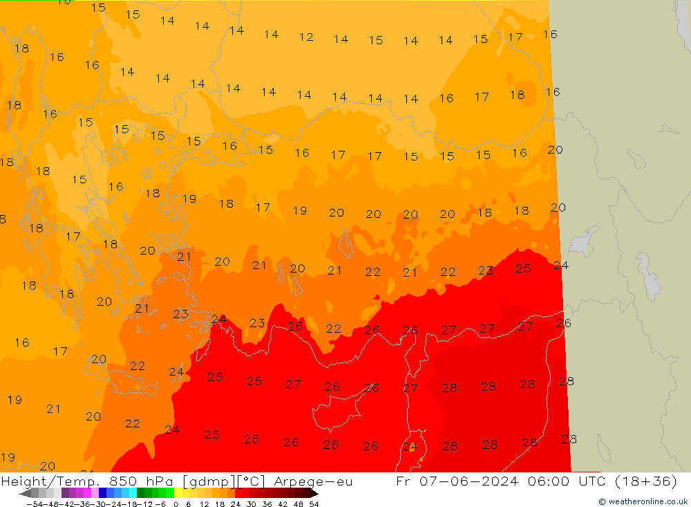 Height/Temp. 850 гПа Arpege-eu пт 07.06.2024 06 UTC