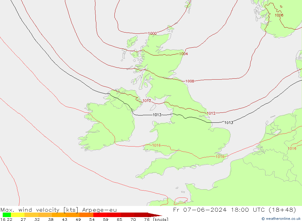 Max. wind velocity Arpege-eu Fr 07.06.2024 18 UTC