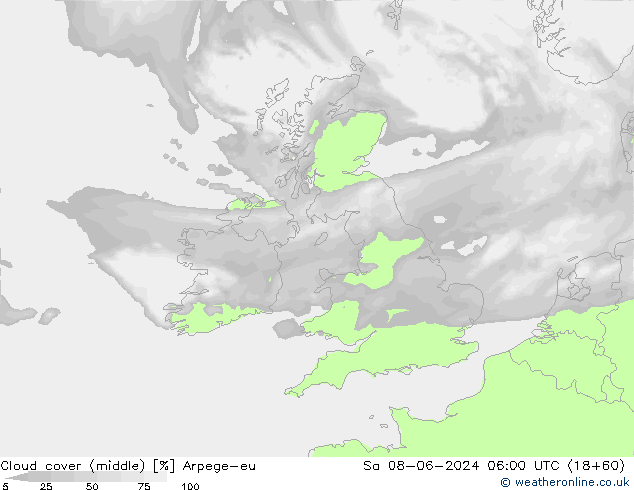Cloud cover (middle) Arpege-eu Sa 08.06.2024 06 UTC