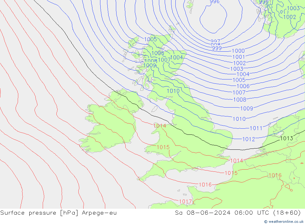 Pressione al suolo Arpege-eu sab 08.06.2024 06 UTC