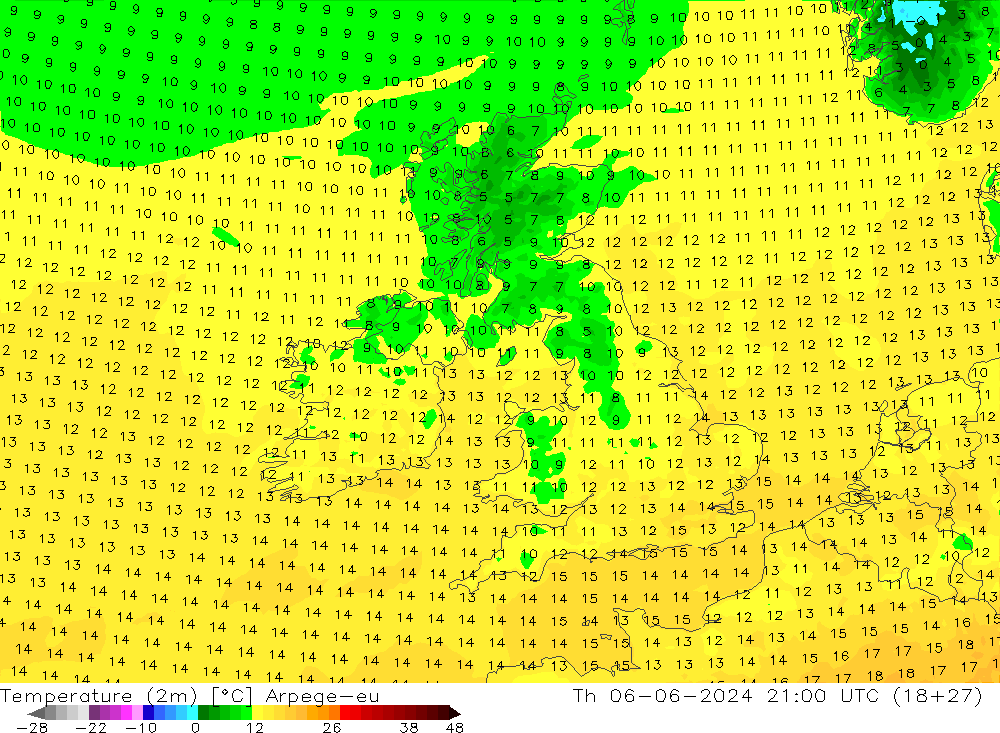 mapa temperatury (2m) Arpege-eu czw. 06.06.2024 21 UTC