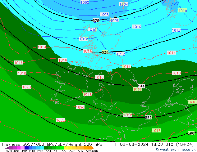 Espesor 500-1000 hPa Arpege-eu jue 06.06.2024 18 UTC