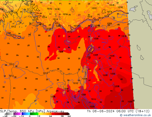 SLP/Temp. 850 hPa Arpege-eu jue 06.06.2024 06 UTC