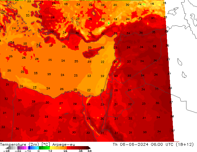 Temperatura (2m) Arpege-eu jue 06.06.2024 06 UTC