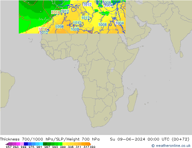 Thck 700-1000 hPa Arpege-eu Su 09.06.2024 00 UTC