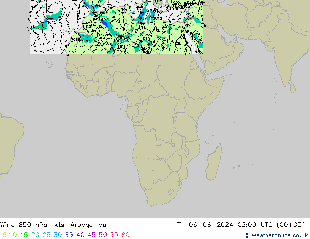 Wind 850 hPa Arpege-eu Čt 06.06.2024 03 UTC