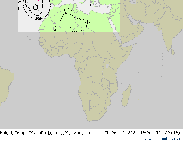 Height/Temp. 700 hPa Arpege-eu Th 06.06.2024 18 UTC