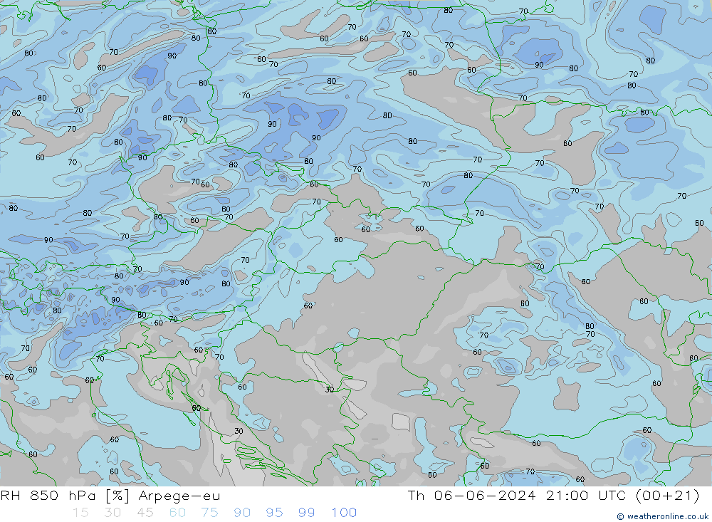 RH 850 hPa Arpege-eu Th 06.06.2024 21 UTC