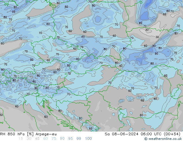 RH 850 hPa Arpege-eu Sa 08.06.2024 06 UTC