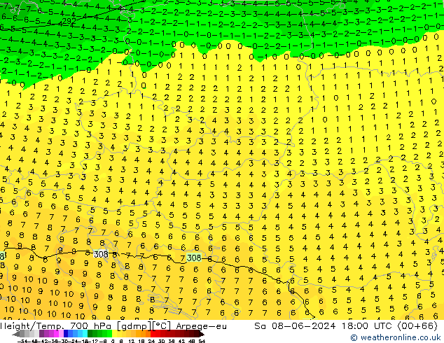 Geop./Temp. 700 hPa Arpege-eu sáb 08.06.2024 18 UTC