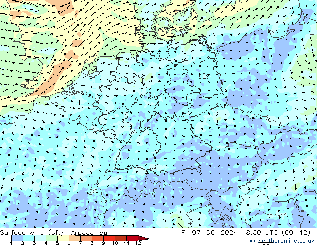 Surface wind (bft) Arpege-eu Pá 07.06.2024 18 UTC