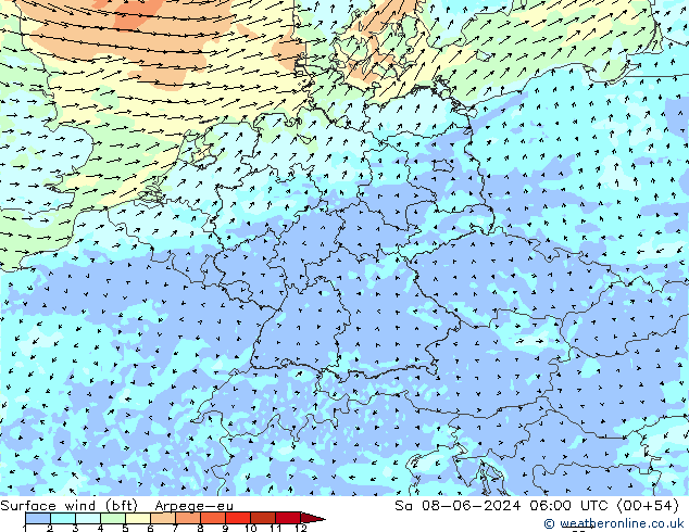 Wind 10 m (bft) Arpege-eu za 08.06.2024 06 UTC