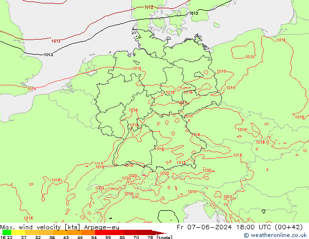 Max. wind velocity Arpege-eu vie 07.06.2024 18 UTC