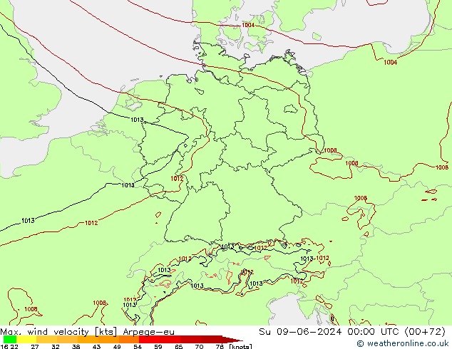 Max. wind velocity Arpege-eu dom 09.06.2024 00 UTC