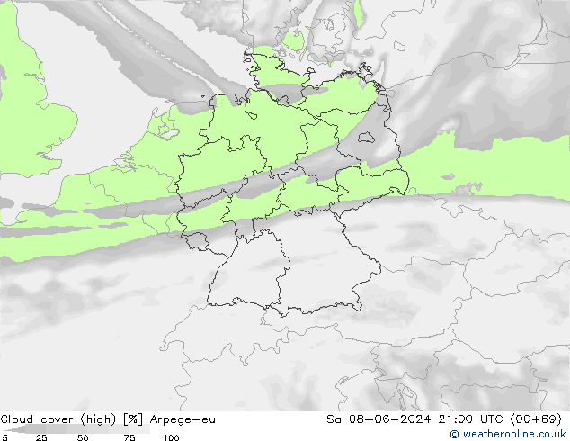 Cloud cover (high) Arpege-eu Sa 08.06.2024 21 UTC