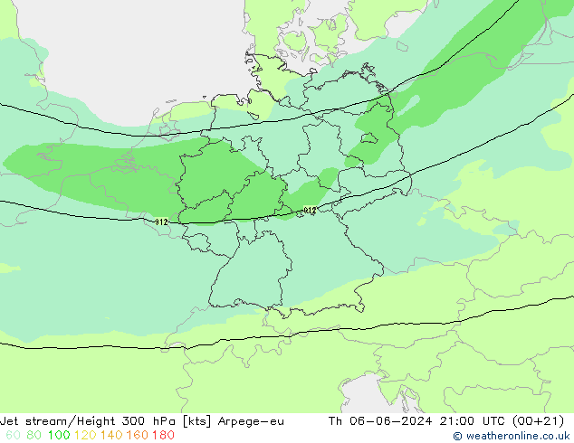 Jet stream/Height 300 hPa Arpege-eu Čt 06.06.2024 21 UTC