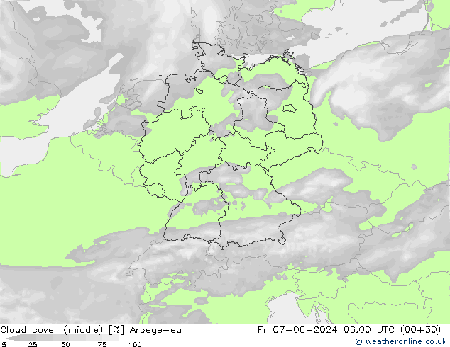 Cloud cover (middle) Arpege-eu Fr 07.06.2024 06 UTC