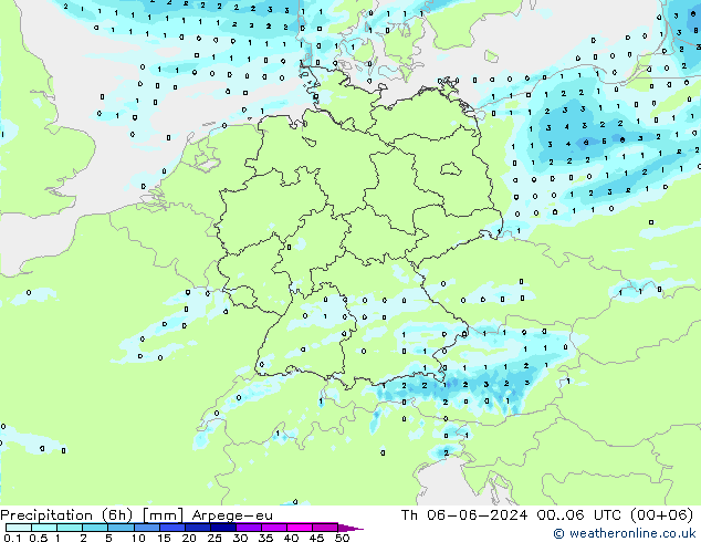 Précipitation (6h) Arpege-eu jeu 06.06.2024 06 UTC