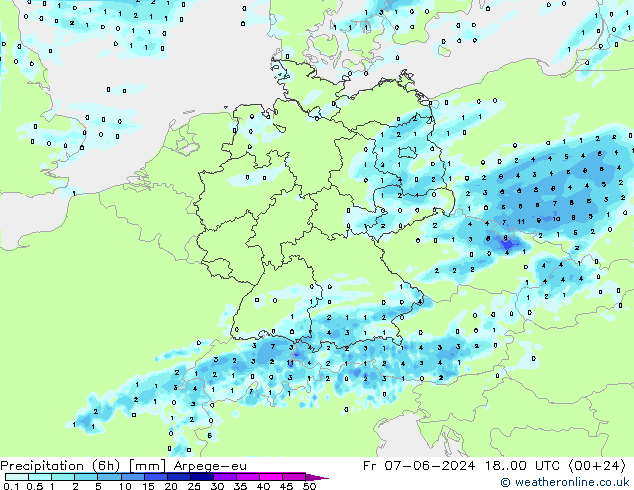 Précipitation (6h) Arpege-eu ven 07.06.2024 00 UTC