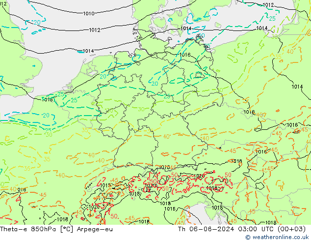 Theta-e 850hPa Arpege-eu Th 06.06.2024 03 UTC