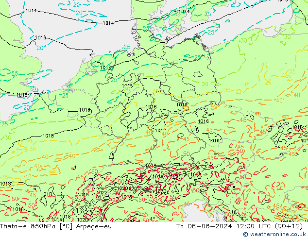 Theta-e 850гПа Arpege-eu чт 06.06.2024 12 UTC