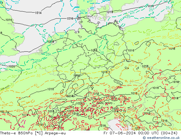 Theta-e 850hPa Arpege-eu ven 07.06.2024 00 UTC